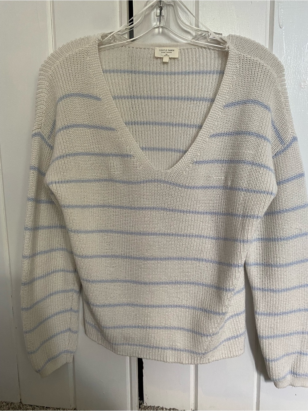 Gentle Fawn Cream V-Neck Sweater with Pale Blue Stripes